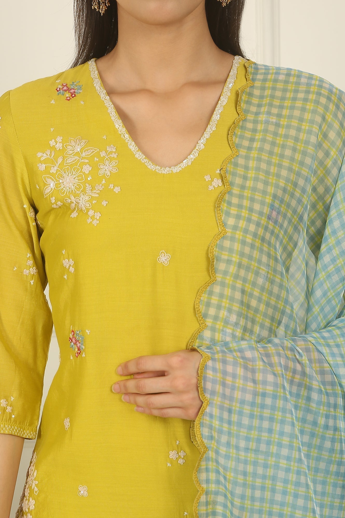 W for Woman Celery Green Embroidered Chanderi Straight Kurta, Pants and Dupatta Set