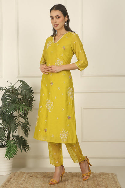 W for Woman Celery Green Embroidered Chanderi Straight Kurta, Pants and Dupatta Set