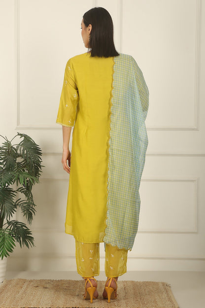 W for Woman Celery Green Embroidered Chanderi Straight Kurta, Pants and Dupatta Set