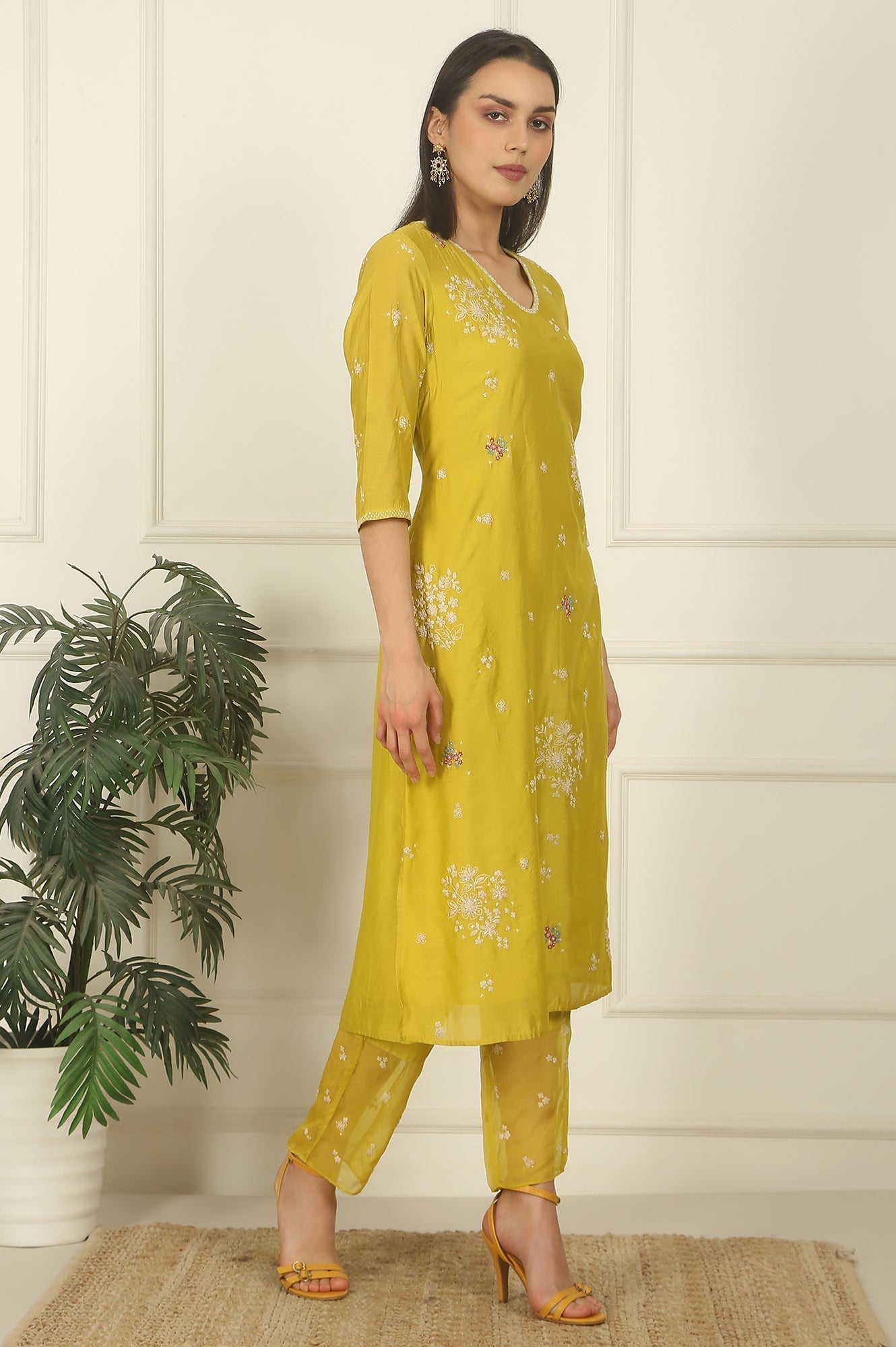 W for Woman Celery Green Embroidered Chanderi Straight Kurta, Pants and Dupatta Set