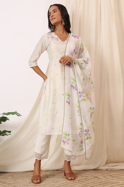 W for Woman White Embroidered Chanderi A-line Kurta, Pants and Dupatta Set