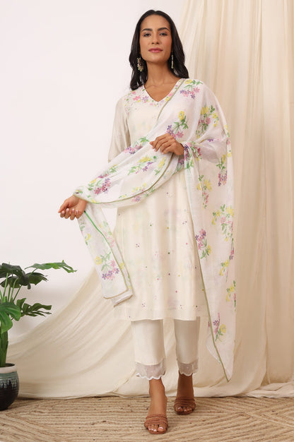 W for Woman White Embroidered Chanderi A-line Kurta, Pants and Dupatta Set