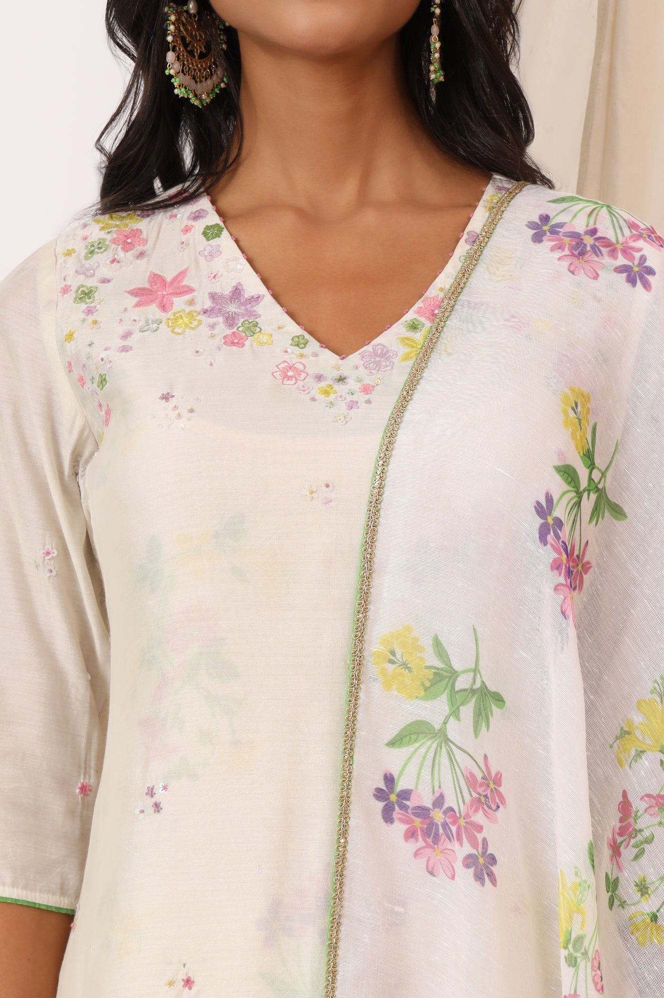 W for Woman White Embroidered Chanderi A-line Kurta, Pants and Dupatta Set
