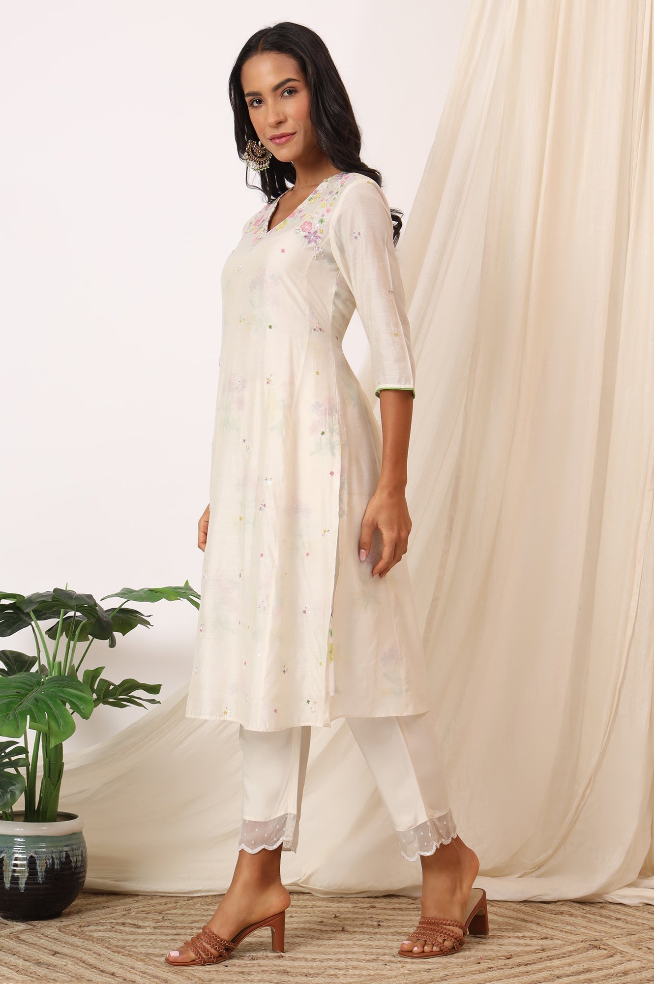 W for Woman White Embroidered Chanderi A-line Kurta, Pants and Dupatta Set