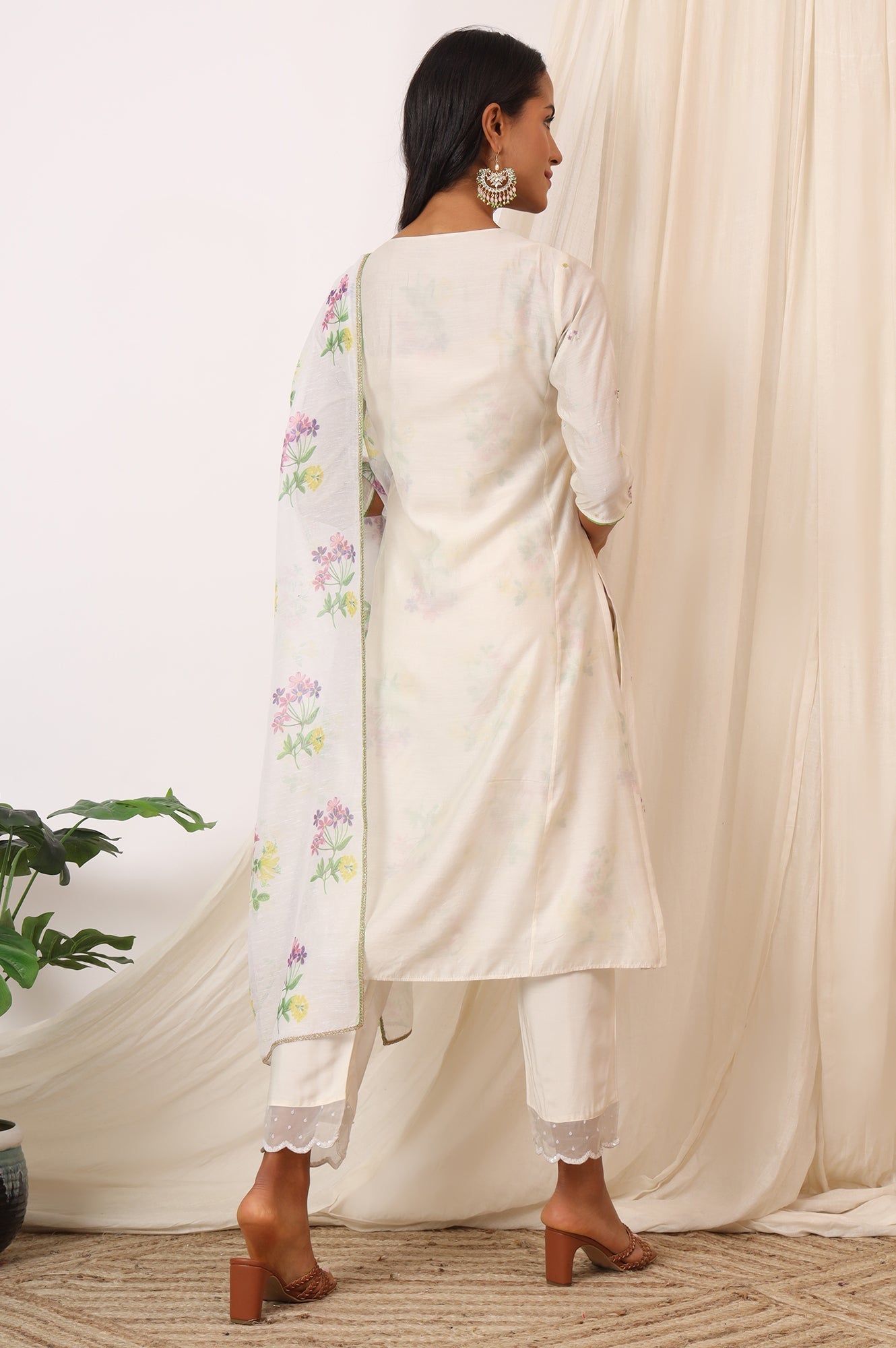 W for Woman White Embroidered Chanderi A-line Kurta, Pants and Dupatta Set