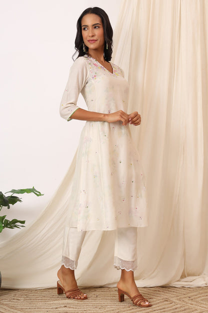 W for Woman White Embroidered Chanderi A-line Kurta, Pants and Dupatta Set