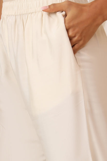 W for Woman White Embroidered Chanderi A-line Kurta, Pants and Dupatta Set