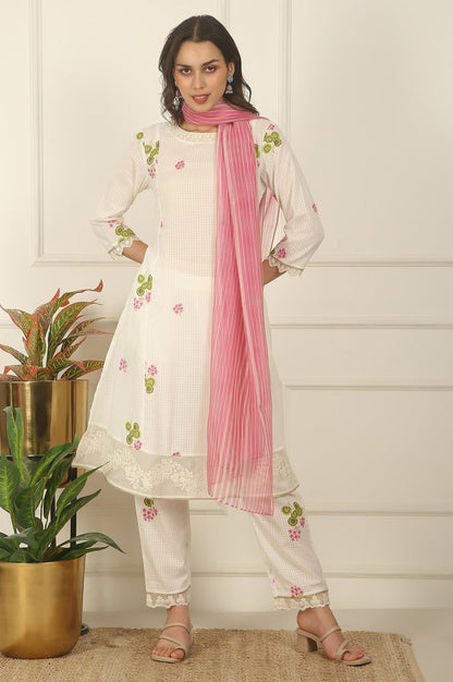 W for Woman White Floral Printed Checker Cotton A-line Kurta, Pants and Dupatta Set