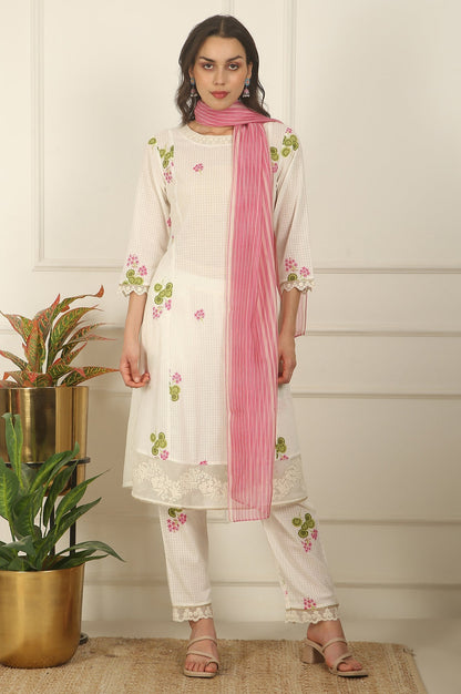 W for Woman White Floral Printed Checker Cotton A-line Kurta, Pants and Dupatta Set