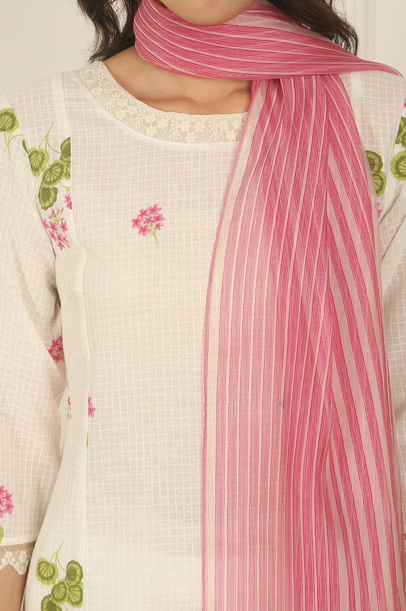 W for Woman White Floral Printed Checker Cotton A-line Kurta, Pants and Dupatta Set