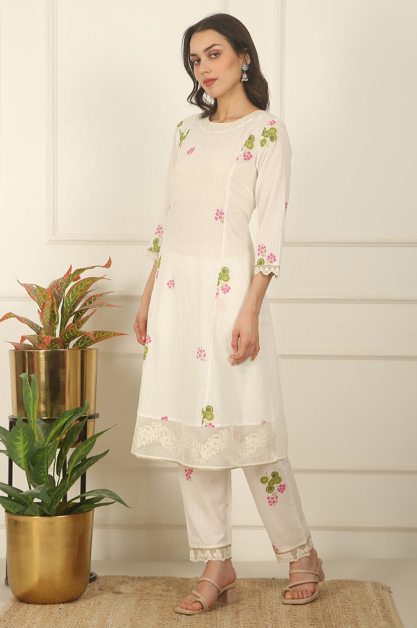 W for Woman White Floral Printed Checker Cotton A-line Kurta, Pants and Dupatta Set