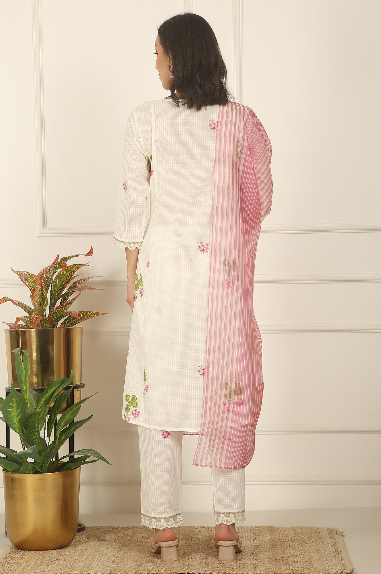 W for Woman White Floral Printed Checker Cotton A-line Kurta, Pants and Dupatta Set