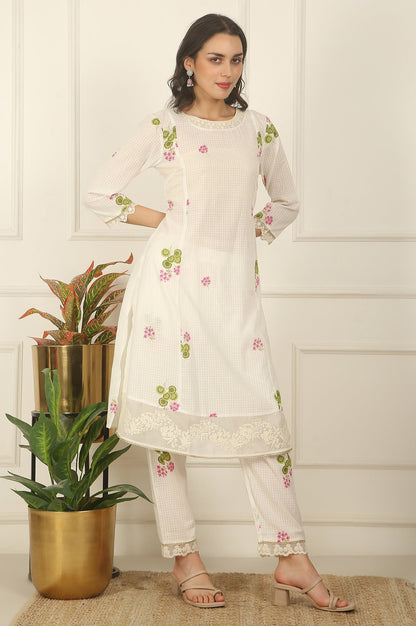W for Woman White Floral Printed Checker Cotton A-line Kurta, Pants and Dupatta Set