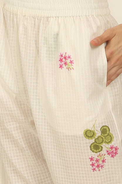 W for Woman White Floral Printed Checker Cotton A-line Kurta, Pants and Dupatta Set