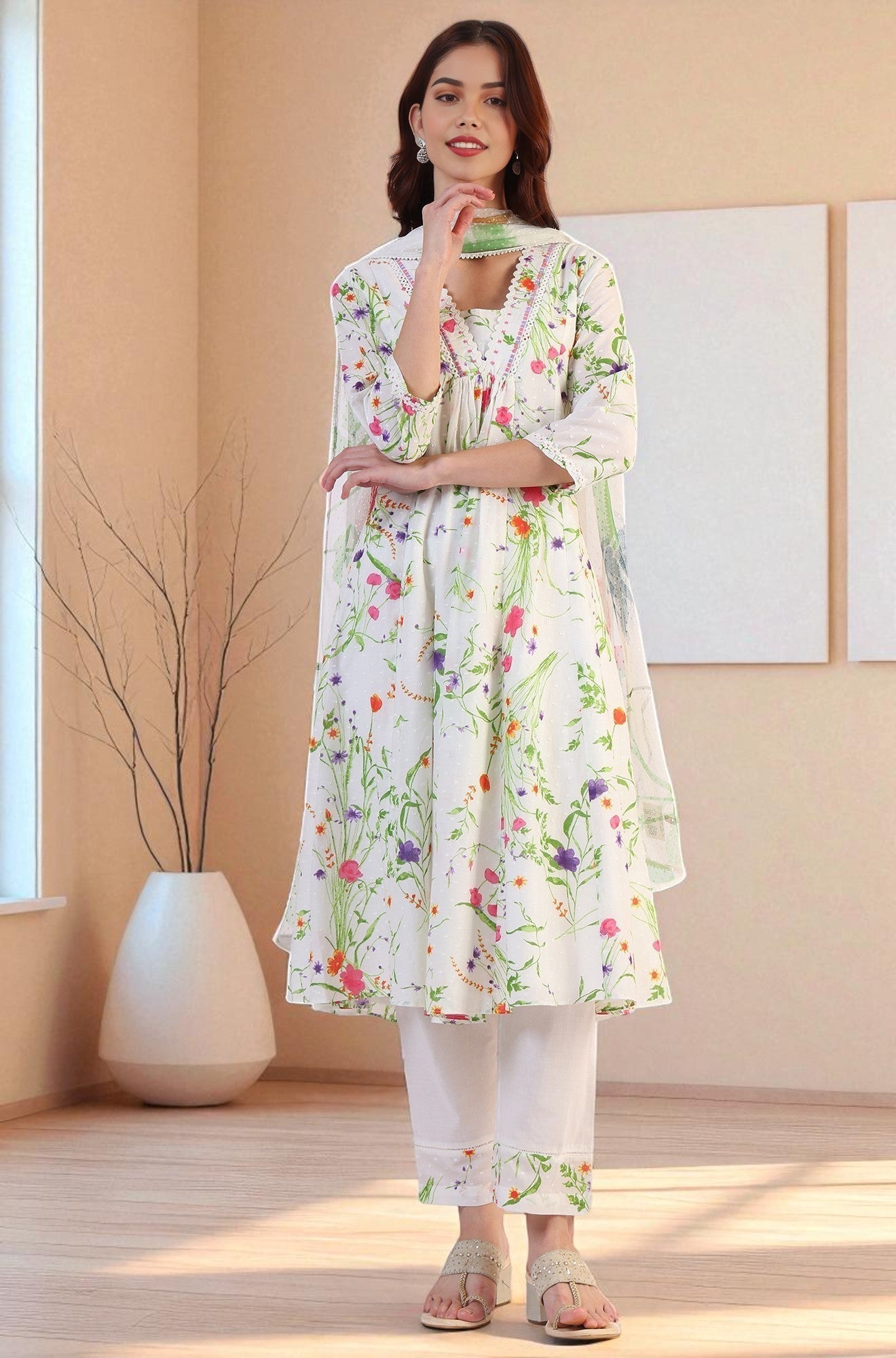W for Woman White Floral Printed Swiss Dot Textured Anarkali Kurta, Straight Pants and Dupatta Set
