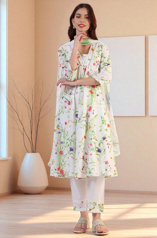 W for Woman White Floral Printed Swiss Dot Textured Anarkali Kurta, Straight Pants and Dupatta Set