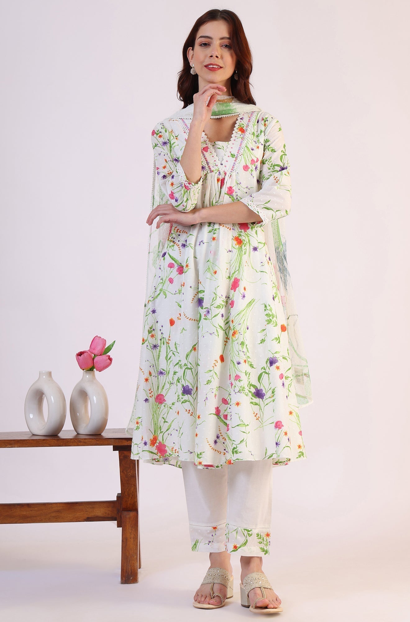 W for Woman White Floral Printed Swiss Dot Textured Anarkali Kurta, Straight Pants and Dupatta Set