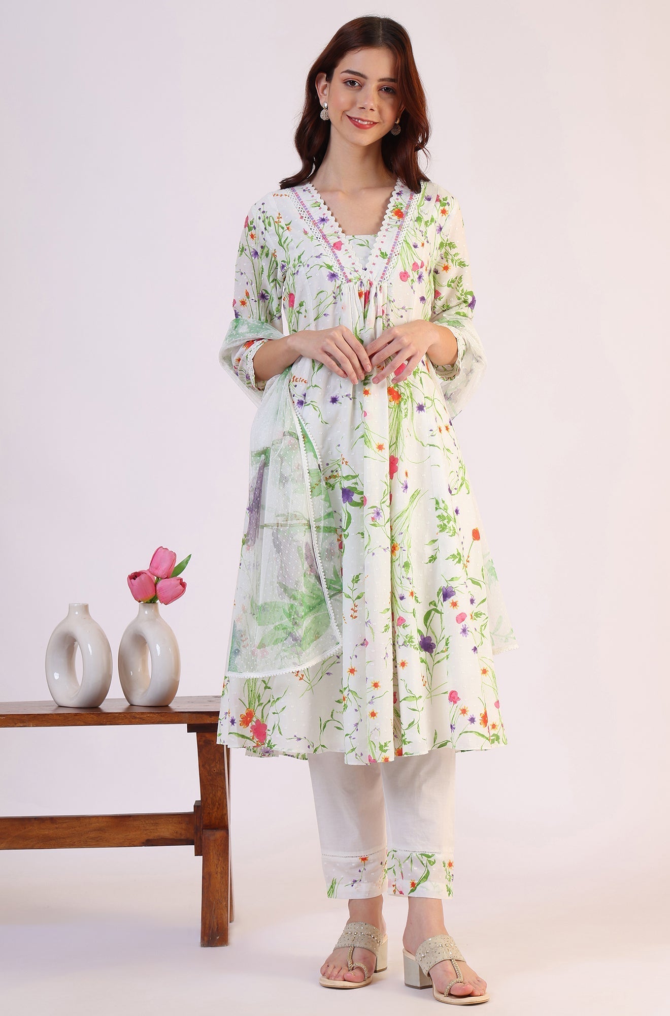 W for Woman White Floral Printed Swiss Dot Textured Anarkali Kurta, Straight Pants and Dupatta Set