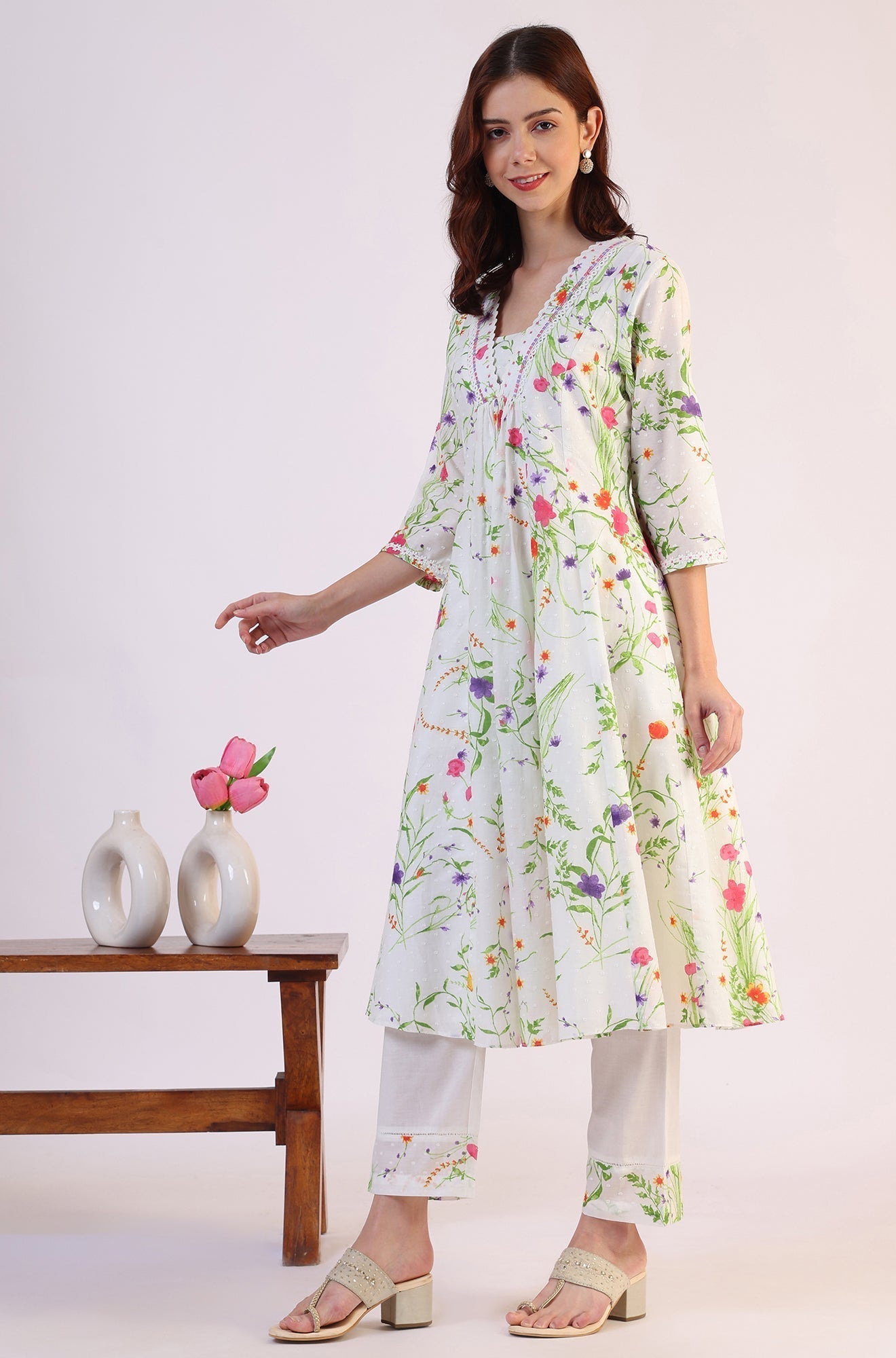 W for Woman White Floral Printed Swiss Dot Textured Anarkali Kurta, Straight Pants and Dupatta Set