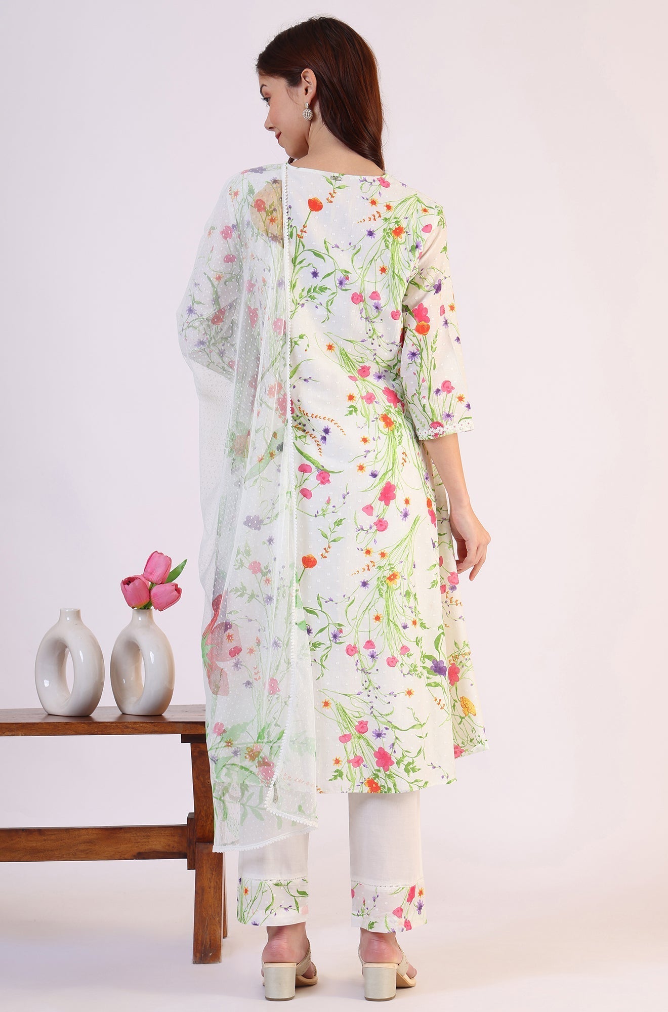 W for Woman White Floral Printed Swiss Dot Textured Anarkali Kurta, Straight Pants and Dupatta Set