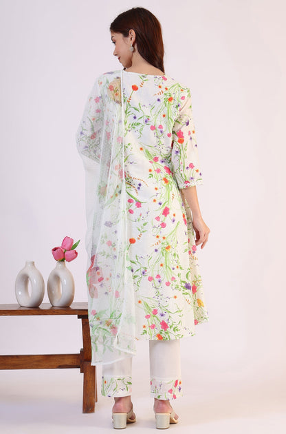 W for Woman White Floral Printed Swiss Dot Textured Anarkali Kurta, Straight Pants and Dupatta Set