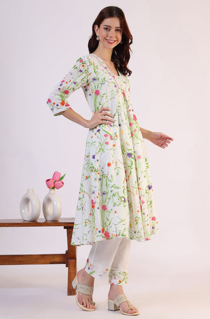 W for Woman White Floral Printed Swiss Dot Textured Anarkali Kurta, Straight Pants and Dupatta Set