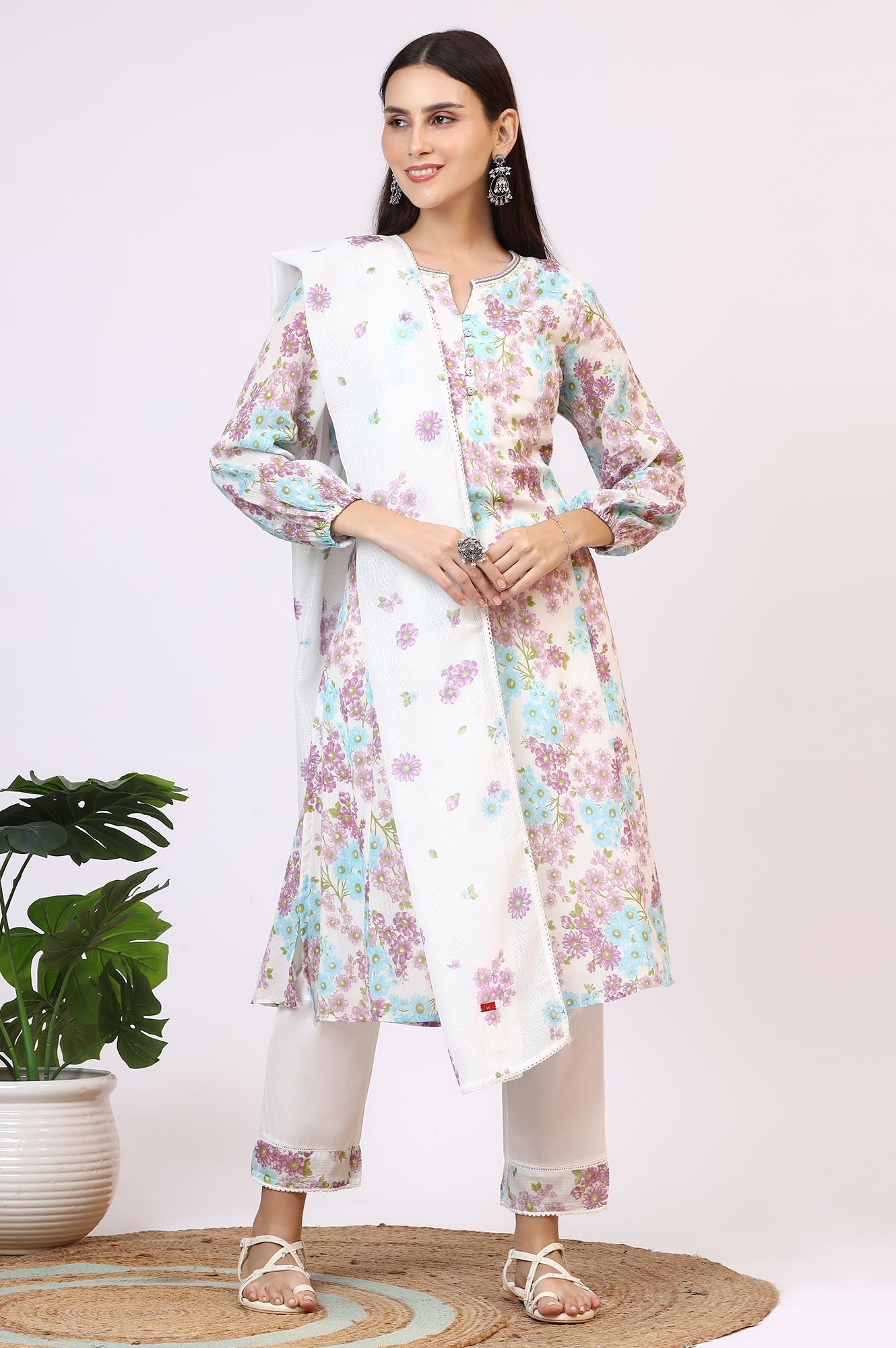 W for Woman White Floral Printed Crinkle Cotton Flared Kurta, Pants and Dupatta Set