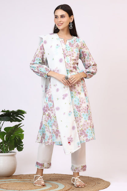 W for Woman White Floral Printed Crinkle Cotton Flared Kurta, Pants and Dupatta Set