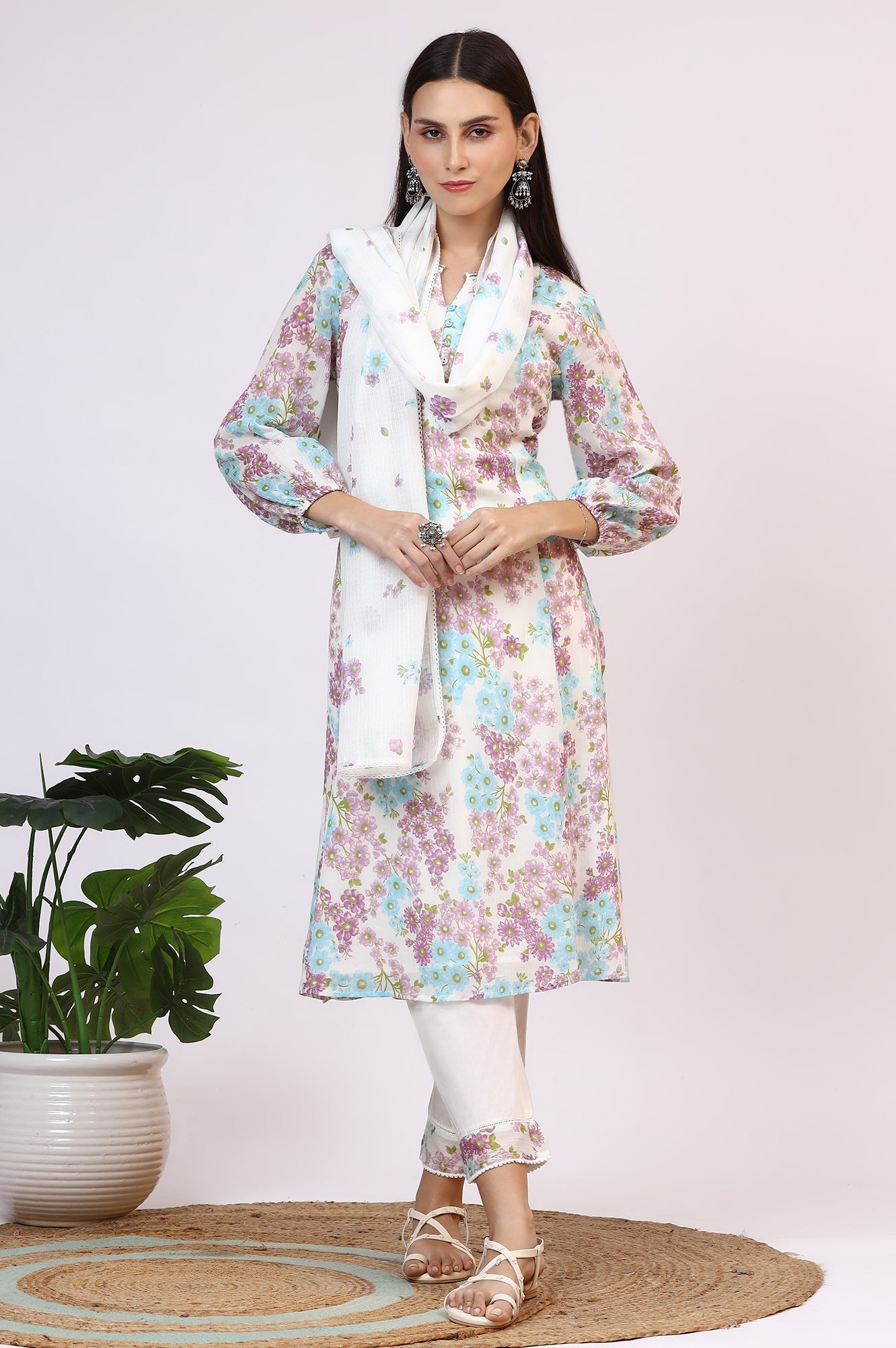 W for Woman White Floral Printed Crinkle Cotton Flared Kurta, Pants and Dupatta Set