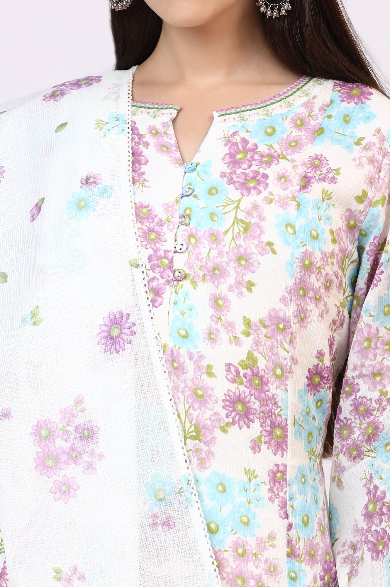 W for Woman White Floral Printed Crinkle Cotton Flared Kurta, Pants and Dupatta Set