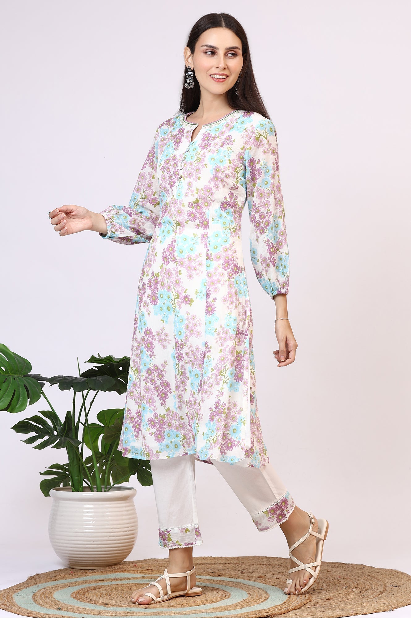 W for Woman White Floral Printed Crinkle Cotton Flared Kurta, Pants and Dupatta Set