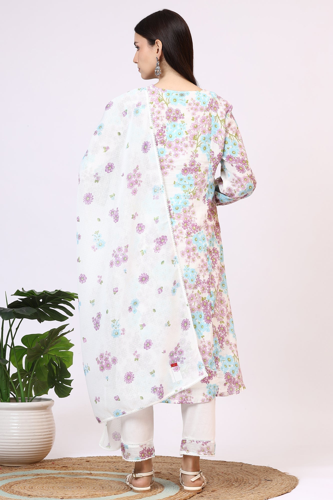 W for Woman White Floral Printed Crinkle Cotton Flared Kurta, Pants and Dupatta Set