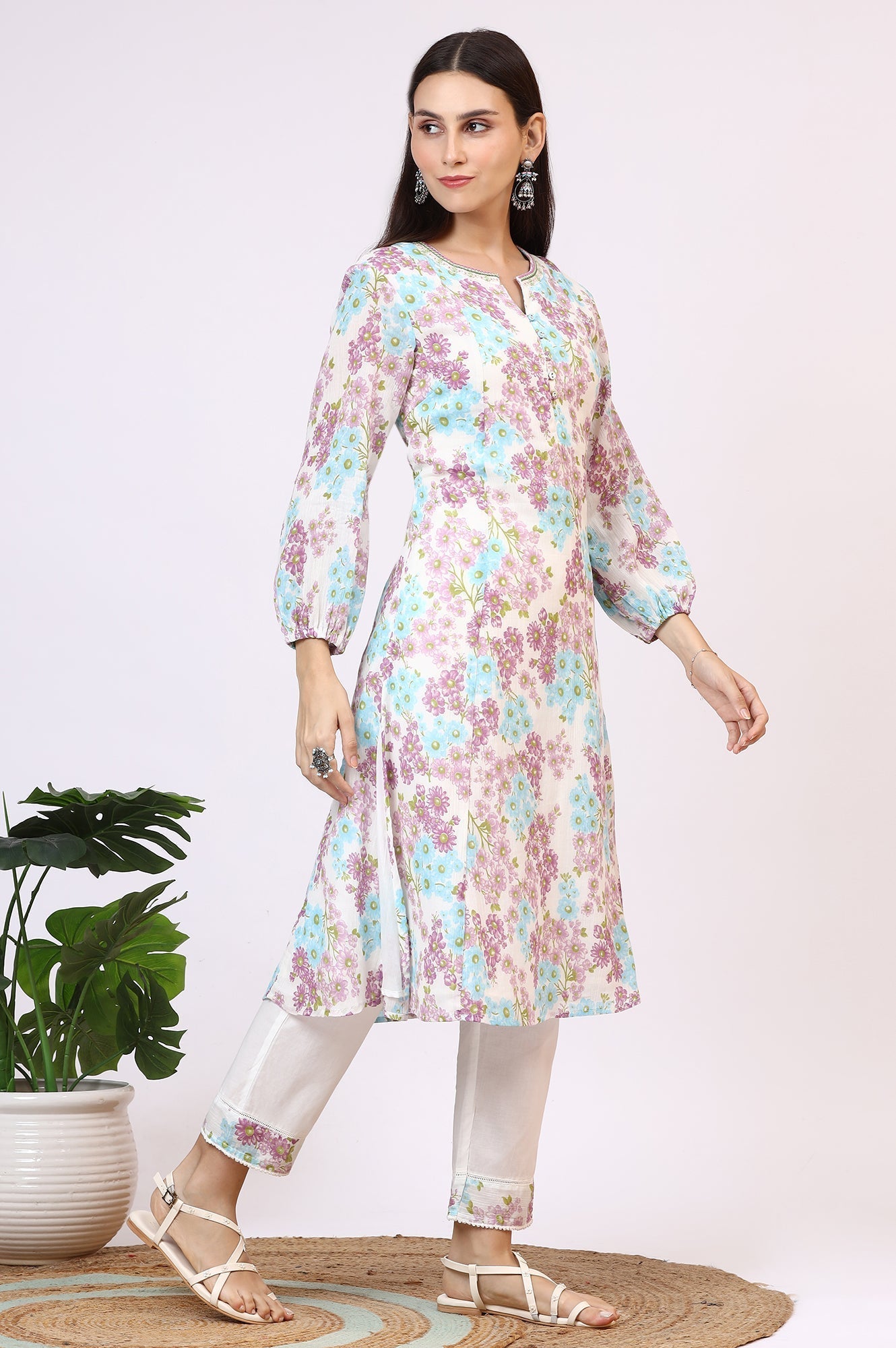 W for Woman White Floral Printed Crinkle Cotton Flared Kurta, Pants and Dupatta Set