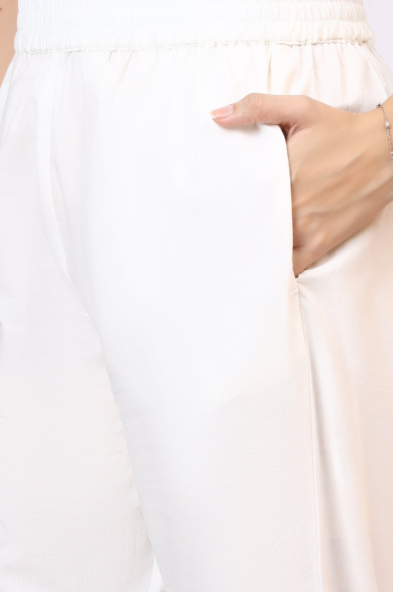 W for Woman White Floral Printed Crinkle Cotton Flared Kurta, Pants and Dupatta Set