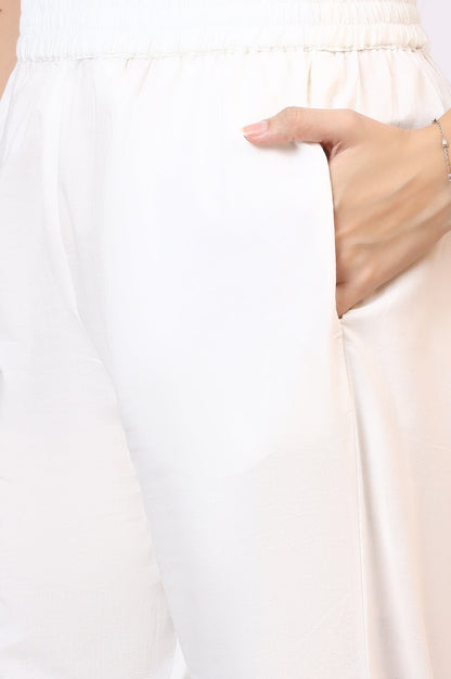 W for Woman White Floral Printed Crinkle Cotton Flared Kurta, Pants and Dupatta Set