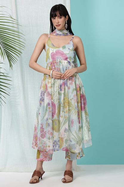W for Woman Light Blue Floral Printed Sleeveless Chiffon Kurta with Pants and Dupatta Set