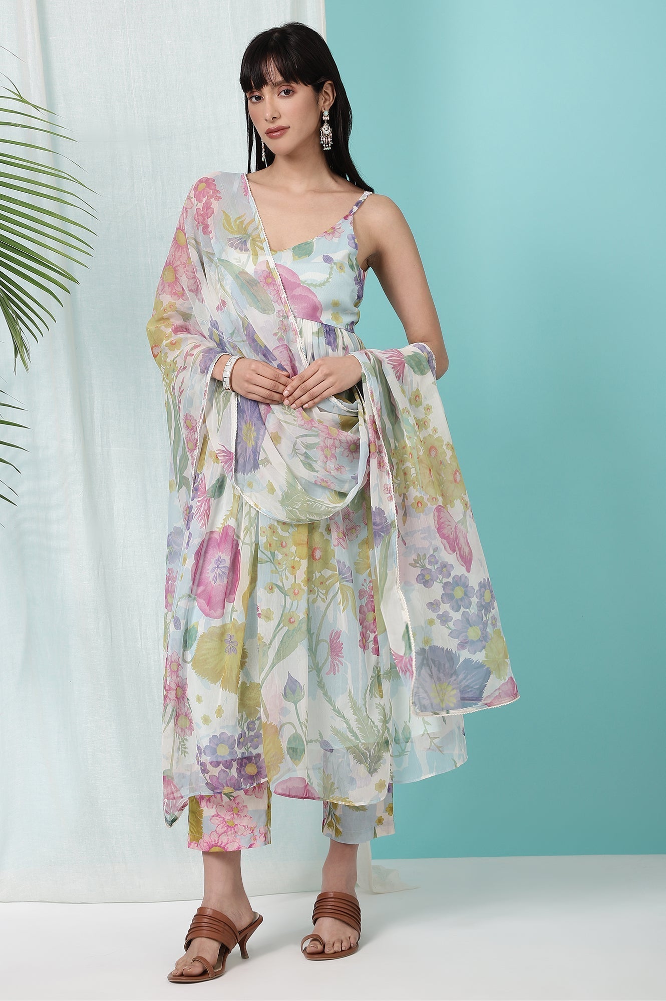 W for Woman Light Blue Floral Printed Sleeveless Chiffon Kurta with Pants and Dupatta Set