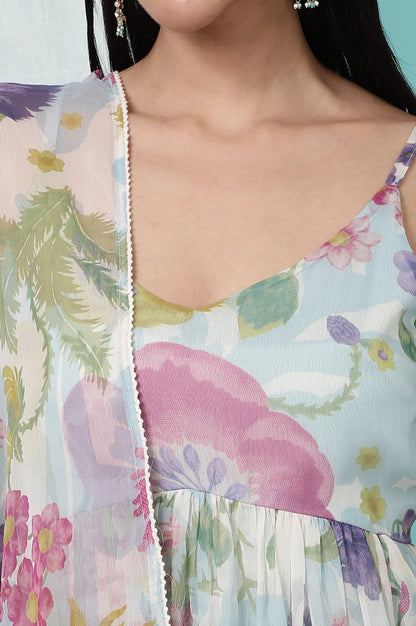 W for Woman Light Blue Floral Printed Sleeveless Chiffon Kurta with Pants and Dupatta Set