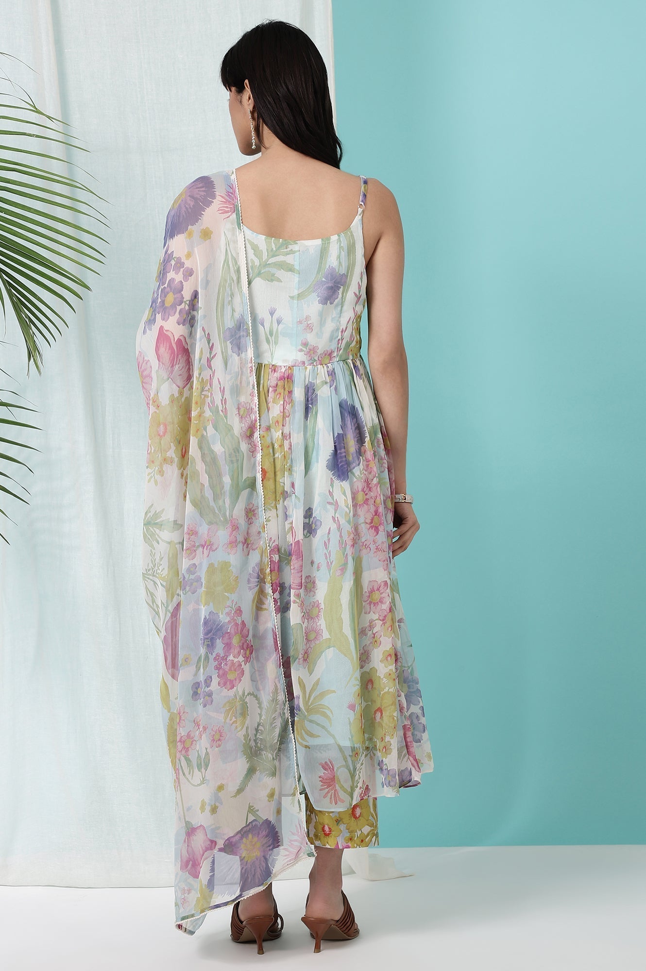 W for Woman Light Blue Floral Printed Sleeveless Chiffon Kurta with Pants and Dupatta Set