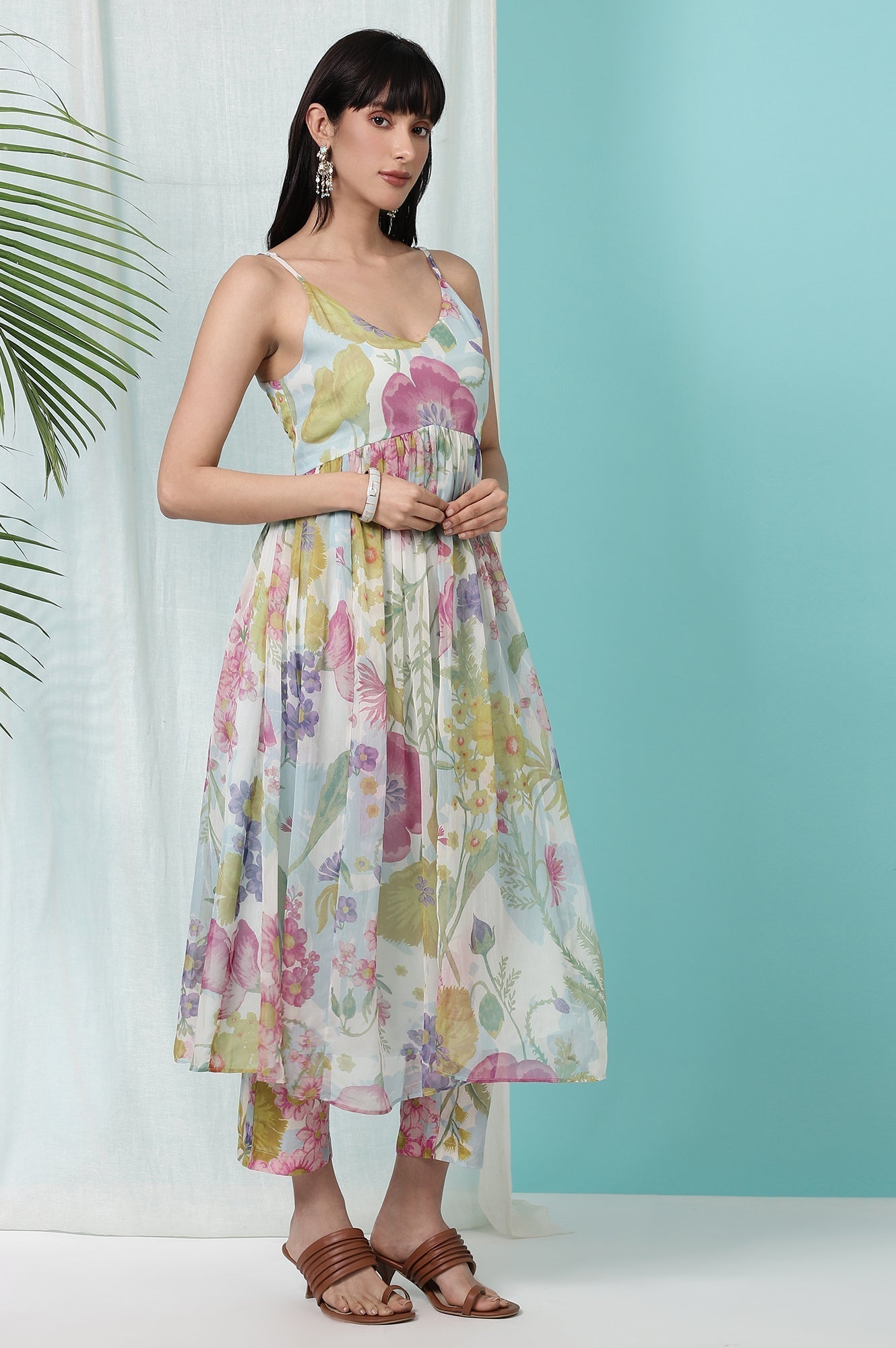 W for Woman Light Blue Floral Printed Sleeveless Chiffon Kurta with Pants and Dupatta Set