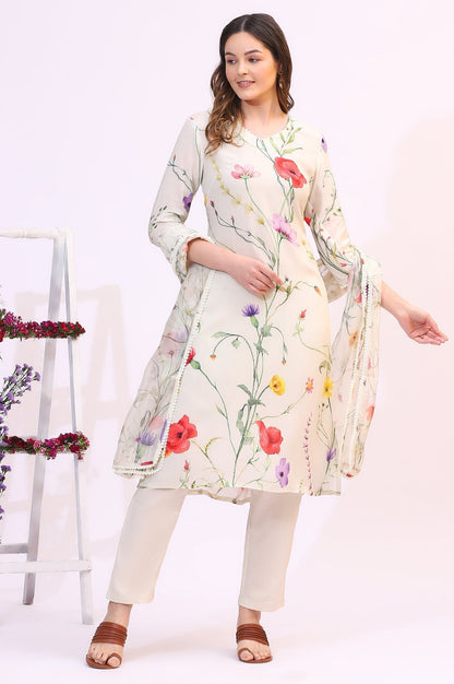 W for Woman Cream Bold Floral Printed Modal Straight Kurta, Pants and Dupatta Set