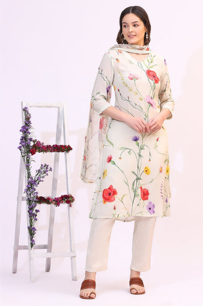 W for Woman Cream Bold Floral Printed Modal Straight Kurta, Pants and Dupatta Set