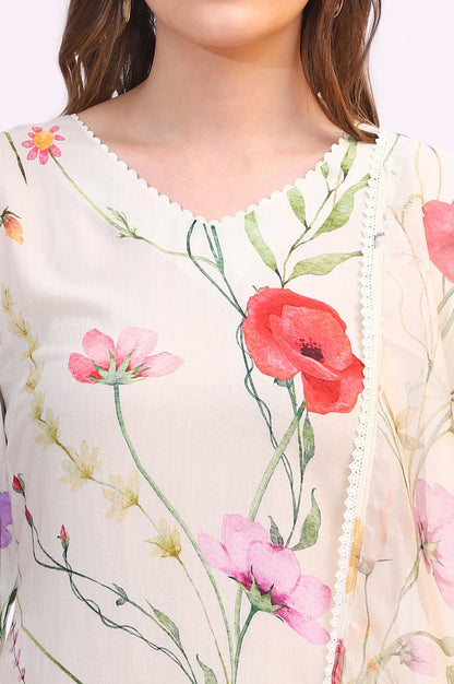 W for Woman Cream Bold Floral Printed Modal Straight Kurta, Pants and Dupatta Set