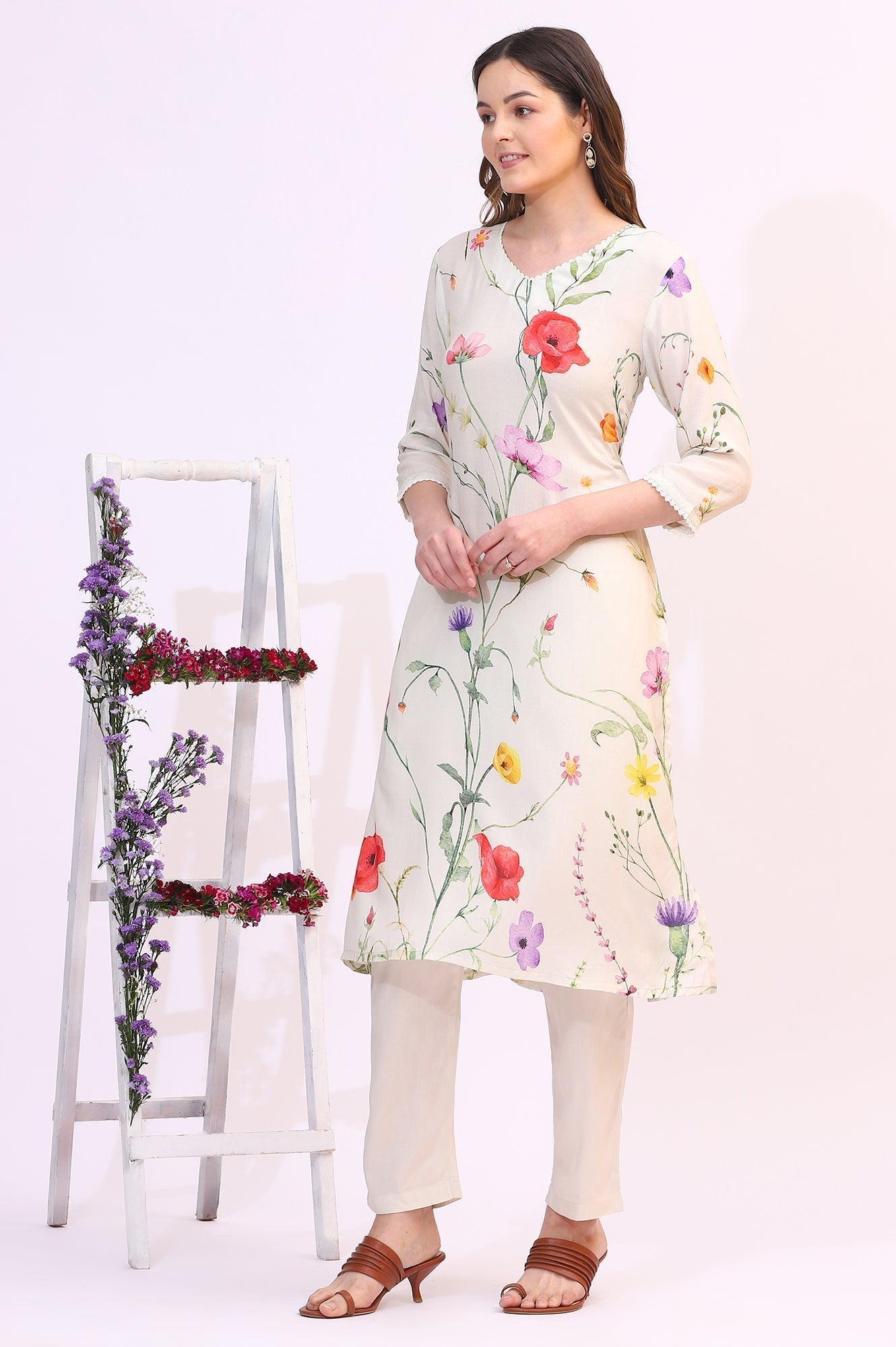 W for Woman Cream Bold Floral Printed Modal Straight Kurta, Pants and Dupatta Set