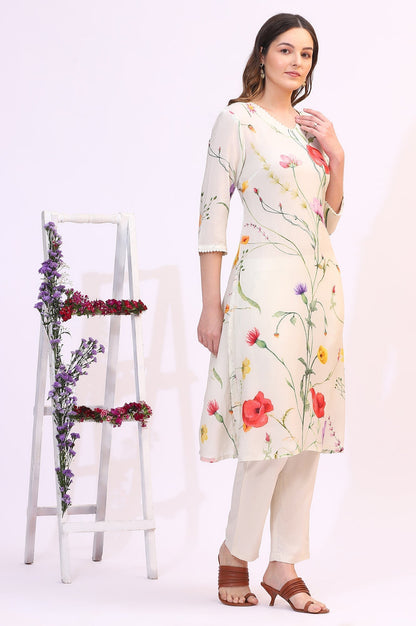 W for Woman Cream Bold Floral Printed Modal Straight Kurta, Pants and Dupatta Set