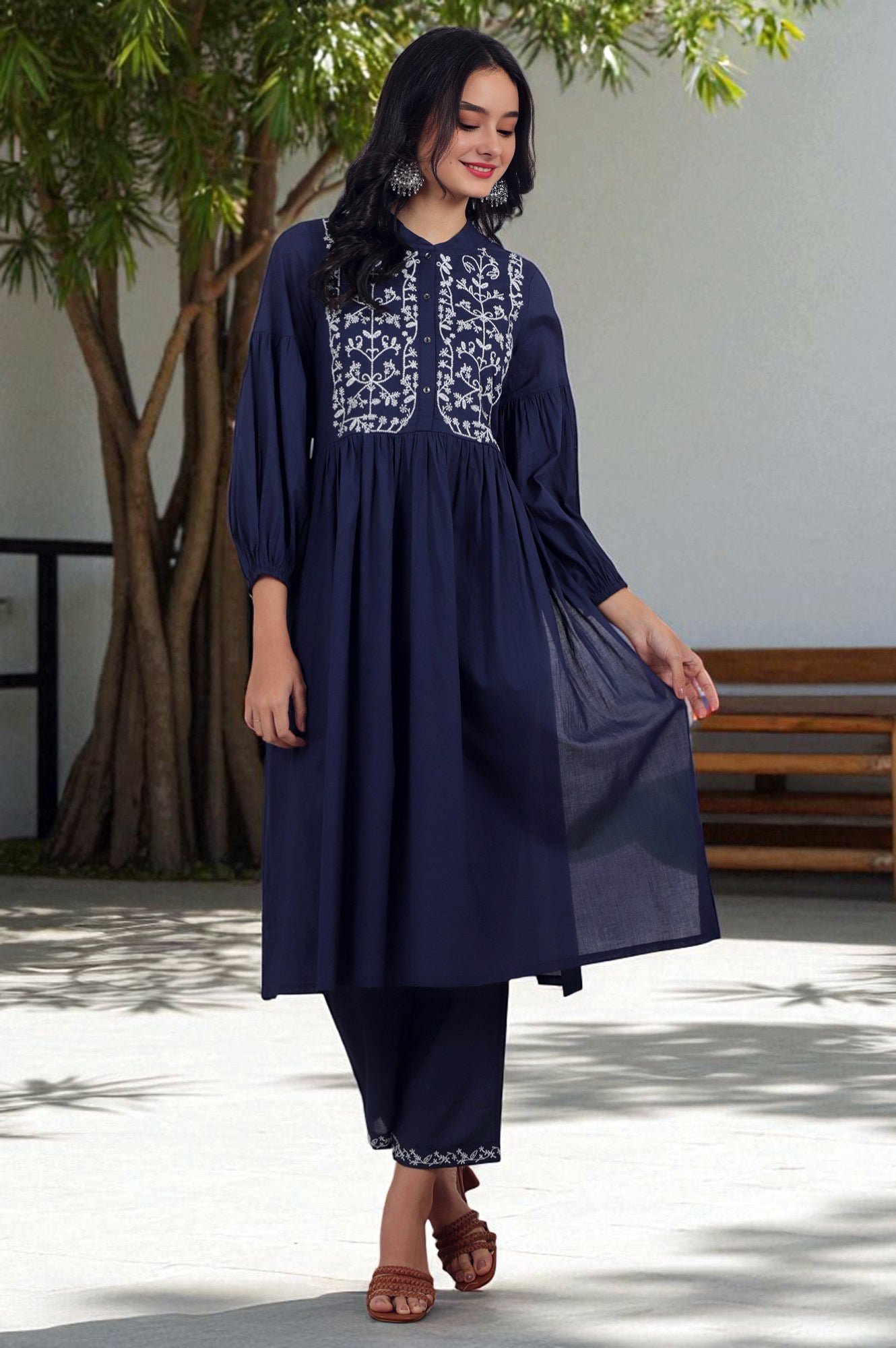 W for Woman Navy Blue Embroidered Yoke Pure Cotton Kurta and Pants Co-ord Set