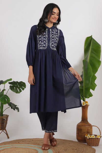 W for Woman Navy Blue Embroidered Yoke Pure Cotton Kurta and Pants Co-ord Set