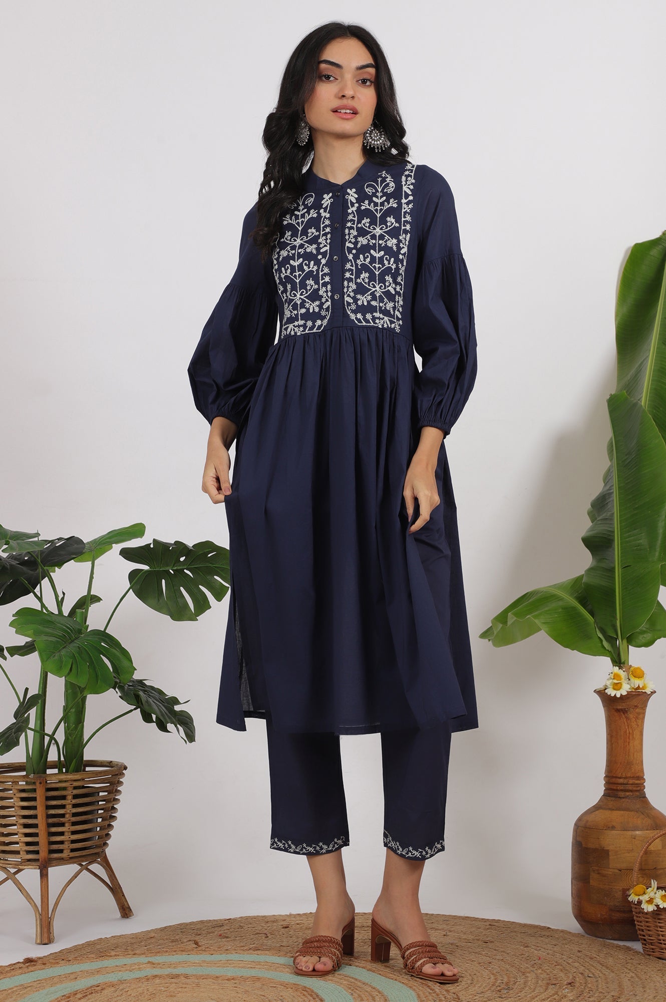 W for Woman Navy Blue Embroidered Yoke Pure Cotton Kurta and Pants Co-ord Set