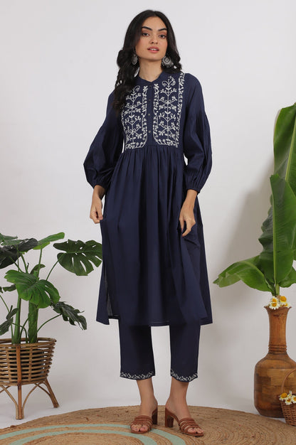 W for Woman Navy Blue Embroidered Yoke Pure Cotton Kurta and Pants Co-ord Set