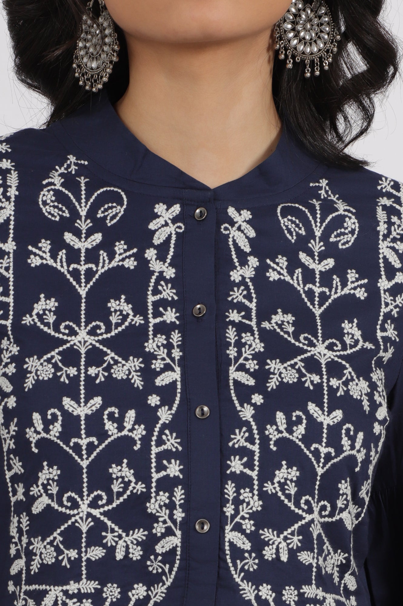 W for Woman Navy Blue Embroidered Yoke Pure Cotton Kurta and Pants Co-ord Set